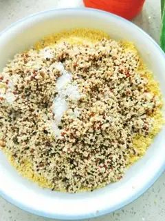 Make Yellow rice, three-coloured quinoa, chicken meat step 8